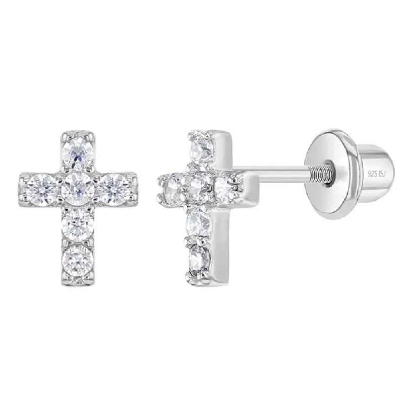 Vintage Drop Earrings with Patina -Children's Sterling Silver & CZ 7mm Cross Earrings