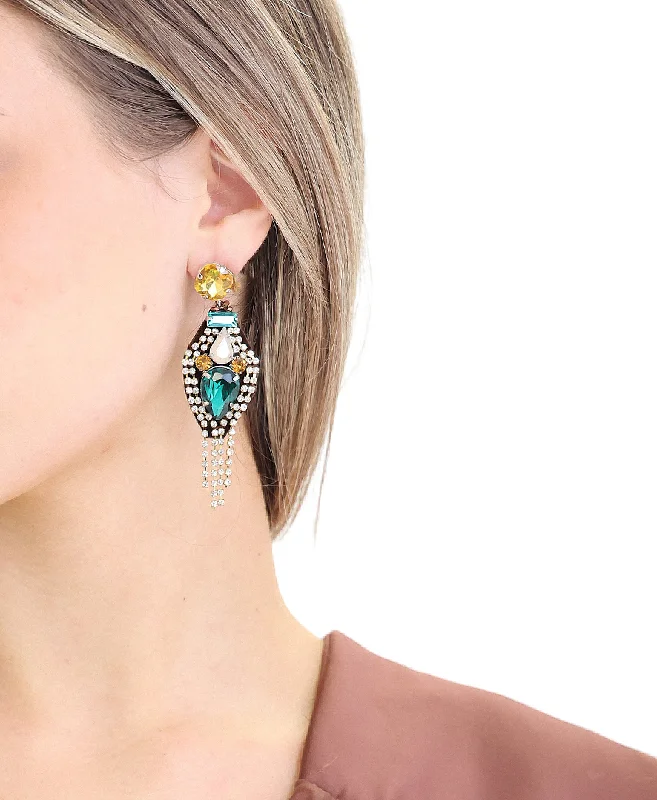 Floral Drop Earrings with Petals -Crystal Fringe Drop Earrings