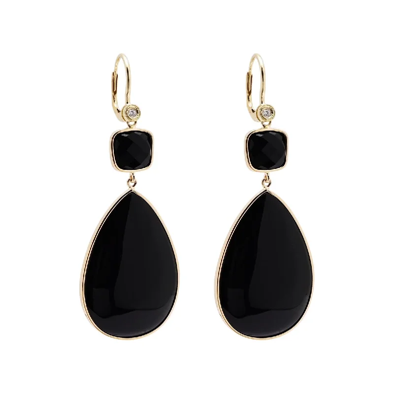 Silver Drop Earrings for Men -Dabakarov Pear Shape Black Agate Drop Earrings in 14kt Yellow Gold with Diamonds (.04ct tw)