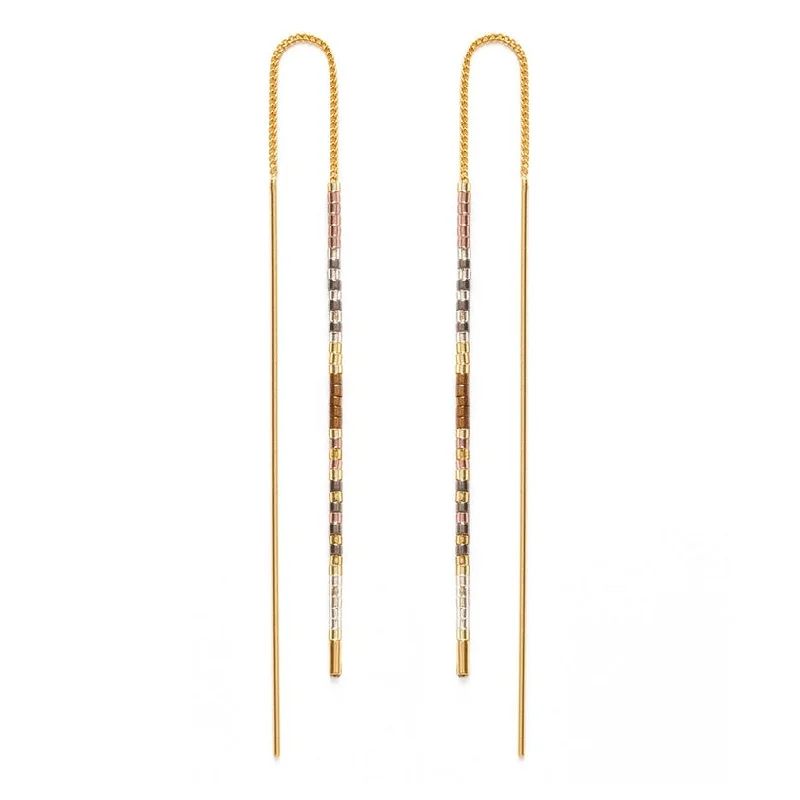 Screw Back Drop Earrings for Security -Miyuki Seed Threader Earrings: Champagne