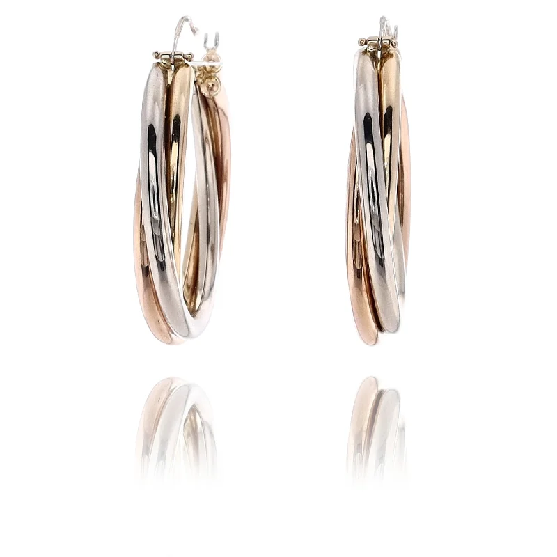 Drop Earrings with Textured Surface -Estate 14 Karat Tri-Tone Gold Large Polished Twisted Hoop Earrings