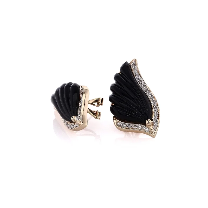 Drop Earrings with Etched Designs -Estate 14 Karat Yellow Gold Diamond and Onyx Earrings