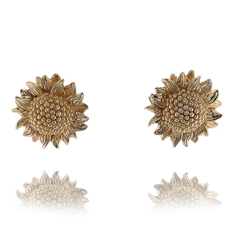 Drop Earrings with Polished Shine -Estate 14 karat Yellow Gold Large Detail Sunflower Earrings