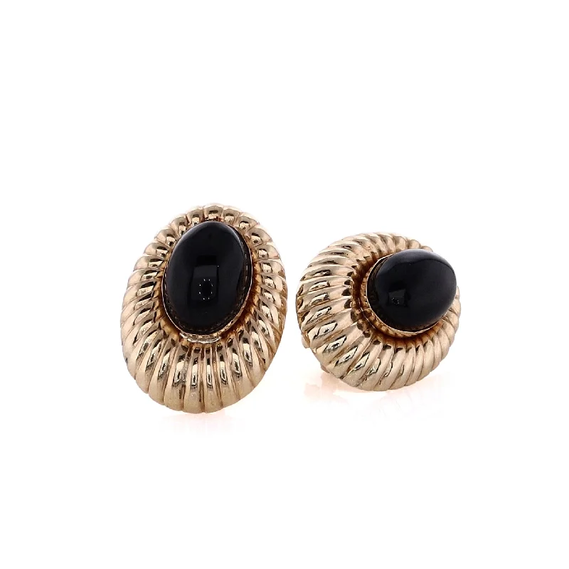 Drop Earrings with Enamel Coating -Estate 14 Karat Yellow Gold Oval Cabochon Onyx Earrings