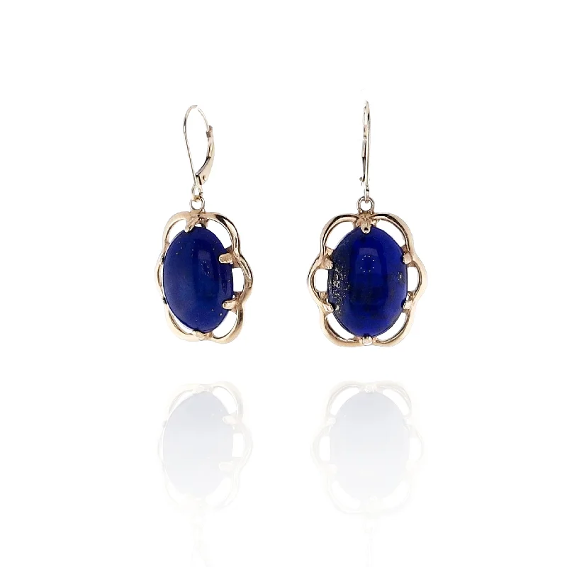 Drop Earrings with Leaf Motifs -Estate 14k Yellow Gold Scallop Design Oval Lapis Lazuli Dangle Earrings