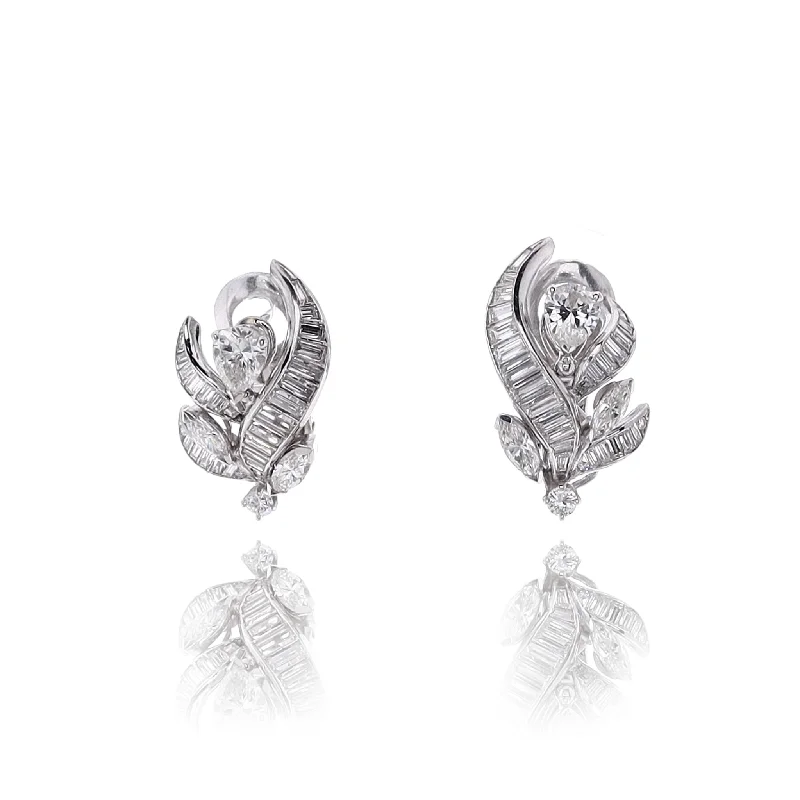 Drop Earrings for Anniversary -Estate Platinum Spray Design Diamond Omega Back Earrings