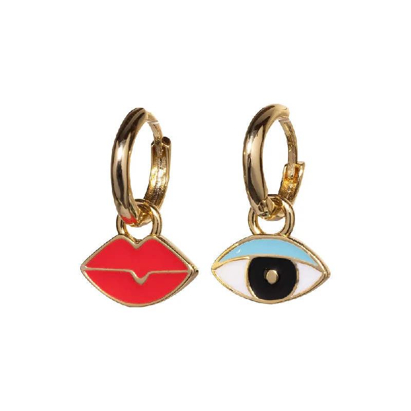 Studded Drop Earrings with Gemstones -Eye + Lips Hoop Earrings