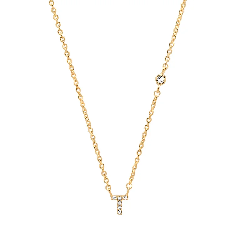 Necklaces and pendants with clear quartz for a pure and radiant look-Gold Cubic Zirconia Initial Necklace - T