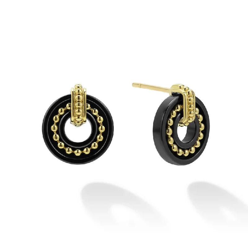 Gothic Drop Earrings with Dark Tone -Lagos 18k Gold Black Caviar Ceramic Stud Earrings