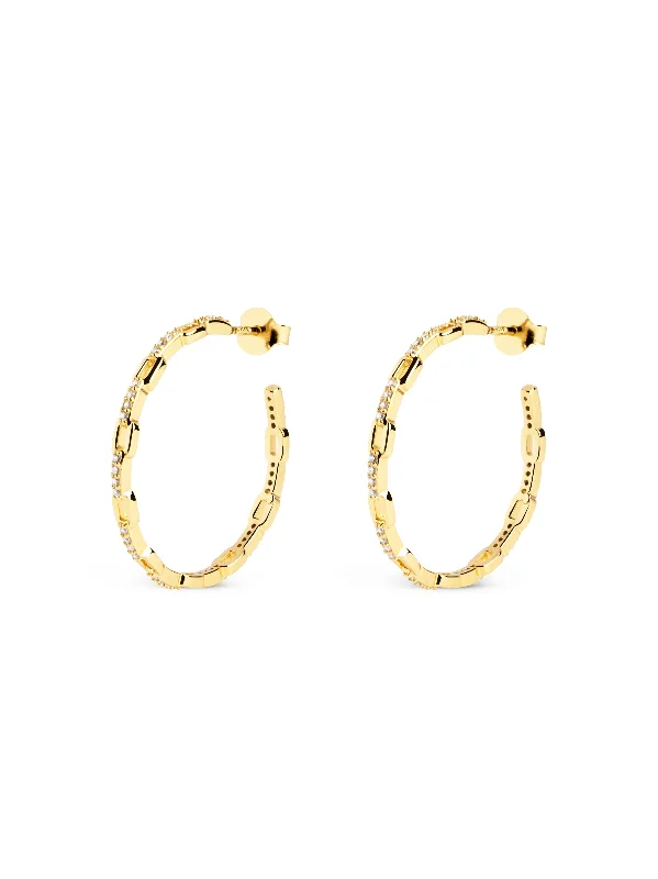 Drop Earrings with Debossed Designs -Link Sparks Gold Hoop Earrings