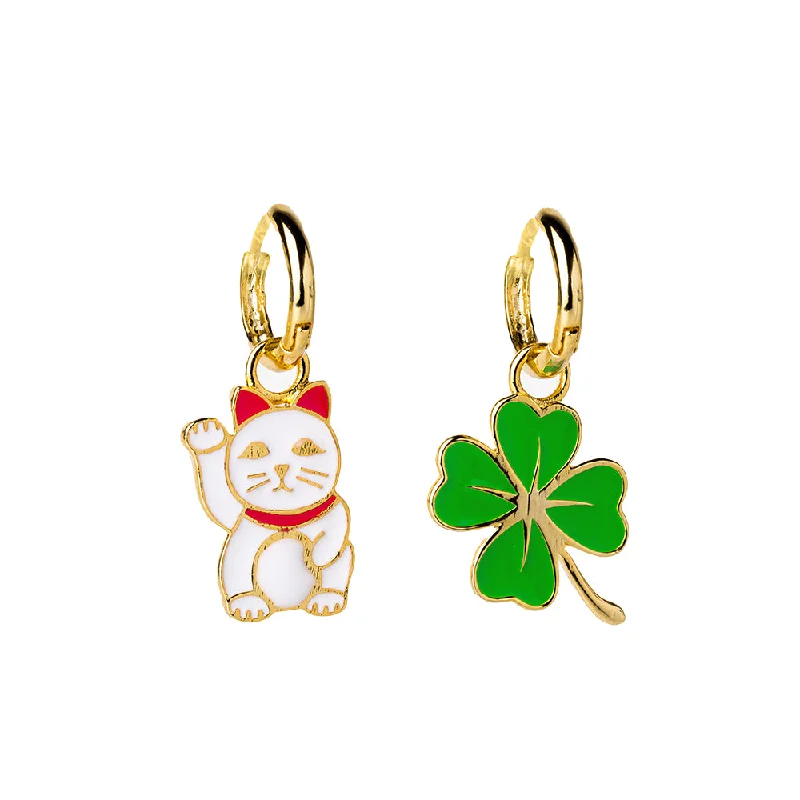 Clip On Drop Earrings for Non Pierced -Lucky Cat + Clover Hoop Earrings