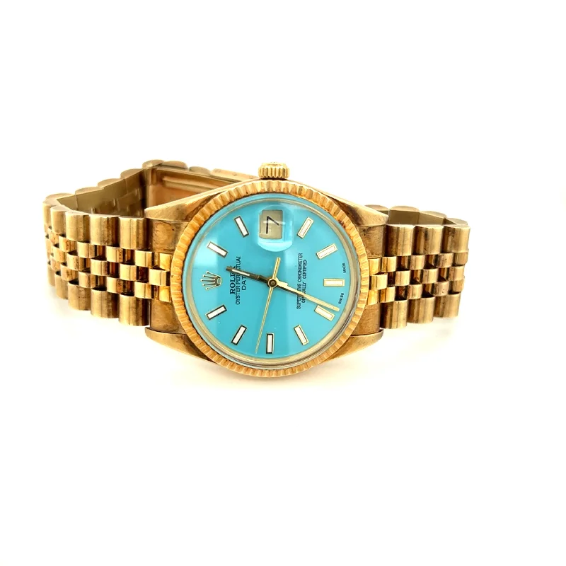 Necklaces and pendants with leaf-shaped designs for an earthy, organic feel-NOS 1987 14kt Gold Rolex Date ref 15037 Turquoise