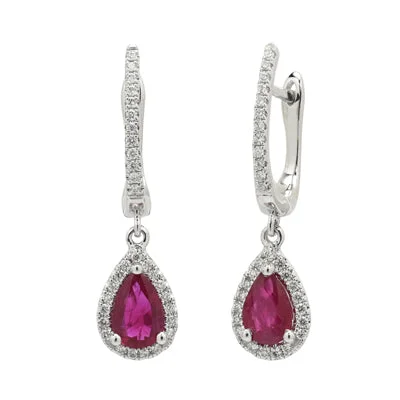 Drop Earrings for Fitness Activities -Pear Shape Ruby Earrings in 14kt White Gold with Diamonds (1/7ct tw)