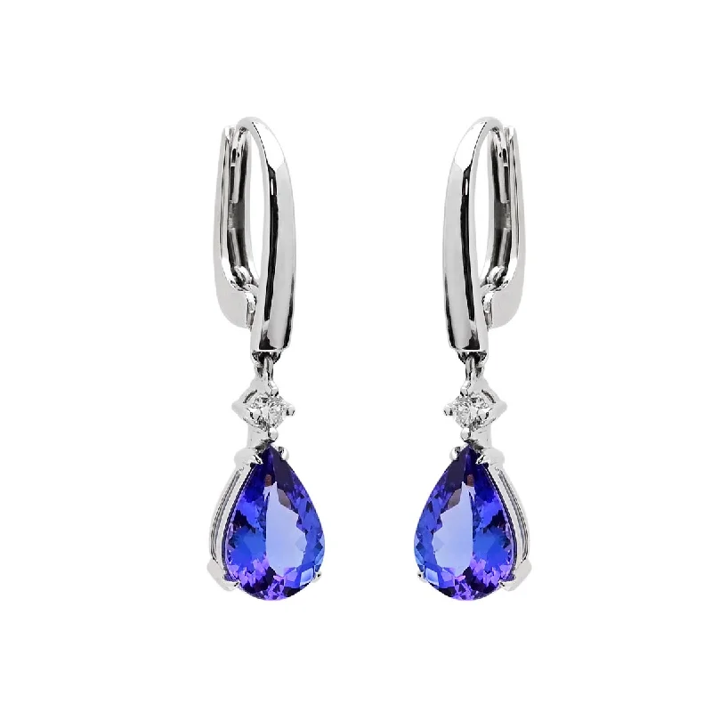 Magnetic Closure Drop Earrings for Easy -Pear Shape Tanzanite Drop Earrings in 14kt White Gold with Diamonds (1/10ct tw)