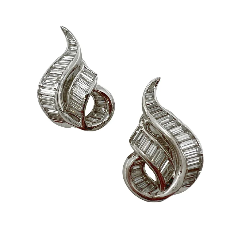 Drop Earrings for Christmas Party -Platinum and 14K White Gold Swirl Earclips with 62 Baguette Diamonds