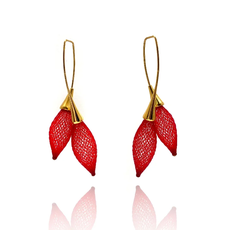 Small Drop Earrings for Delicate -Red Nylon Double Bulb Threader Earrings