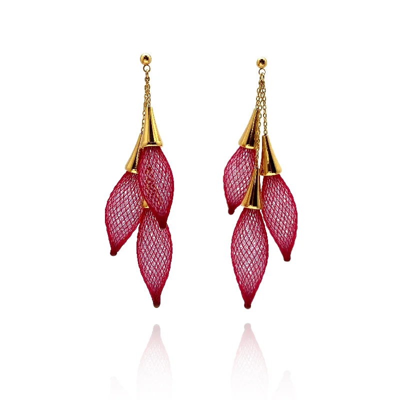 Gold Drop Earrings for Women -Red Triple Bulb Dangle Earrings