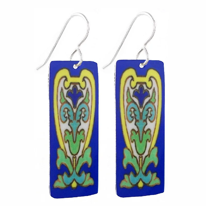 Drop Earrings with Debossed Designs -Retreat Earrings - Blue Rectangle