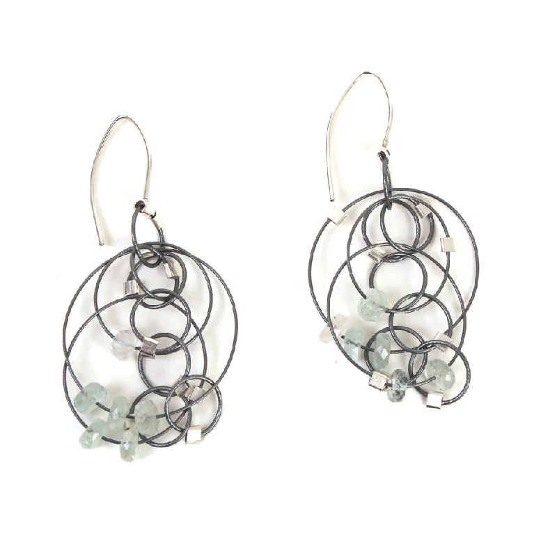 Drop Earrings with Wave Designs -Solar Hook Earrings: Aquamarine + Gunmetal