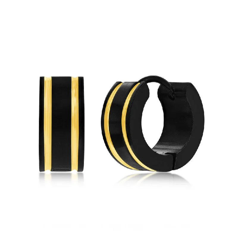 Drop Earrings with Crown Designs -Stainless Steel 13mm Black & Gold Double Lined Hoop Earrings