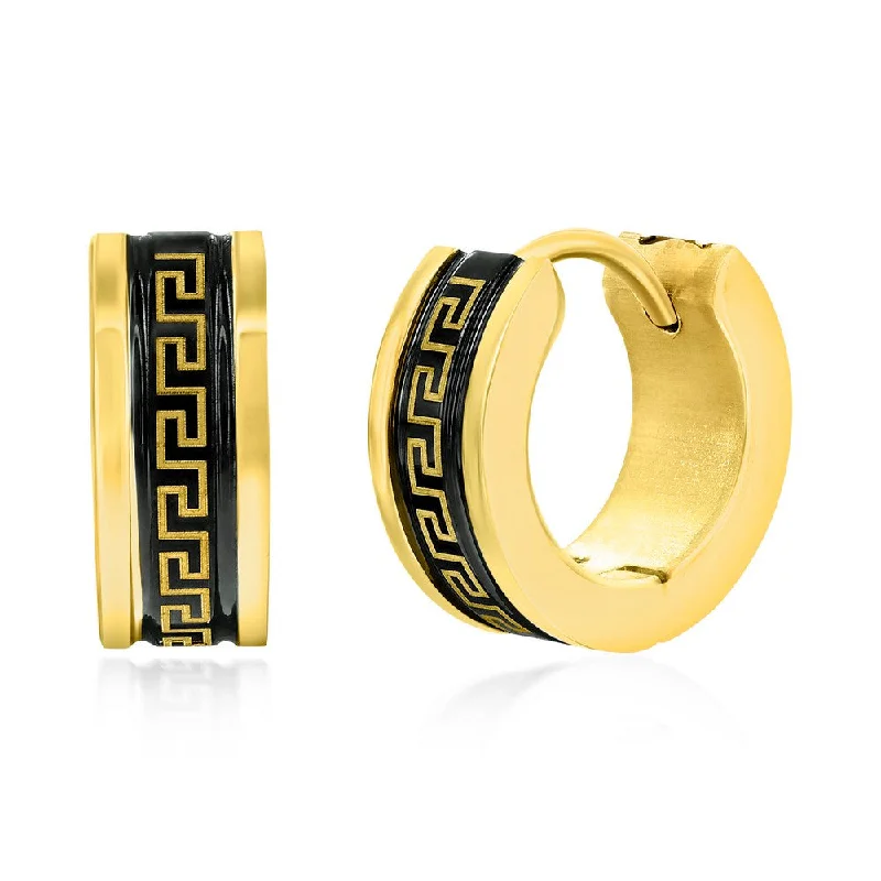 Drop Earrings for Work Attire -Stainless Steel 13mm Greek Key Hoop Earrings - Black & Gold