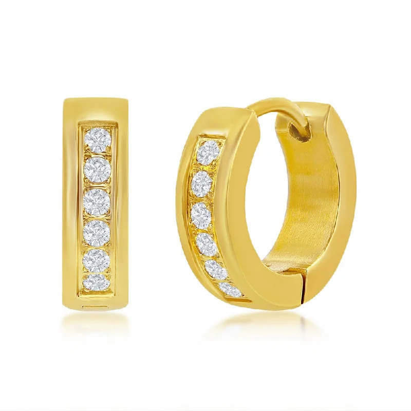 Leverback Drop Earrings for Comfort -Stainless Steel 13mm Huggie Hoop Single Row CZ Earrings - Gold Plated