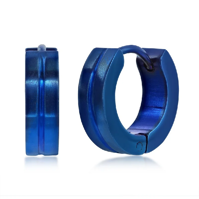 Drop Earrings with Symbolic Elements -Stainless Steel 13mm Lined Huggie Hoop Earrings - Blue Plated