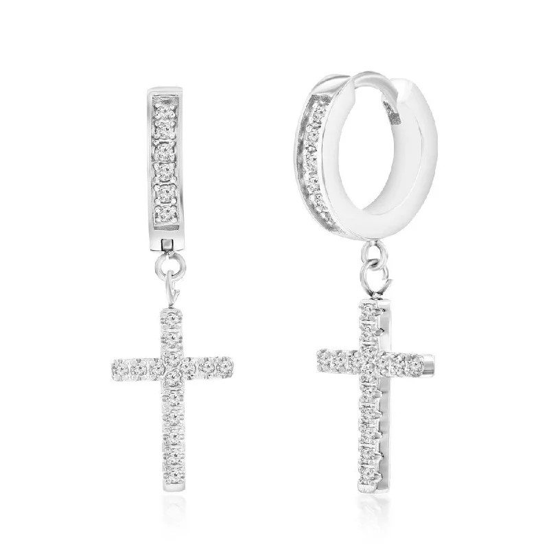 Crystal Drop Earrings for Sparkle -Stainless Steel Cross CZ Charm Huggie Hoop Earrings