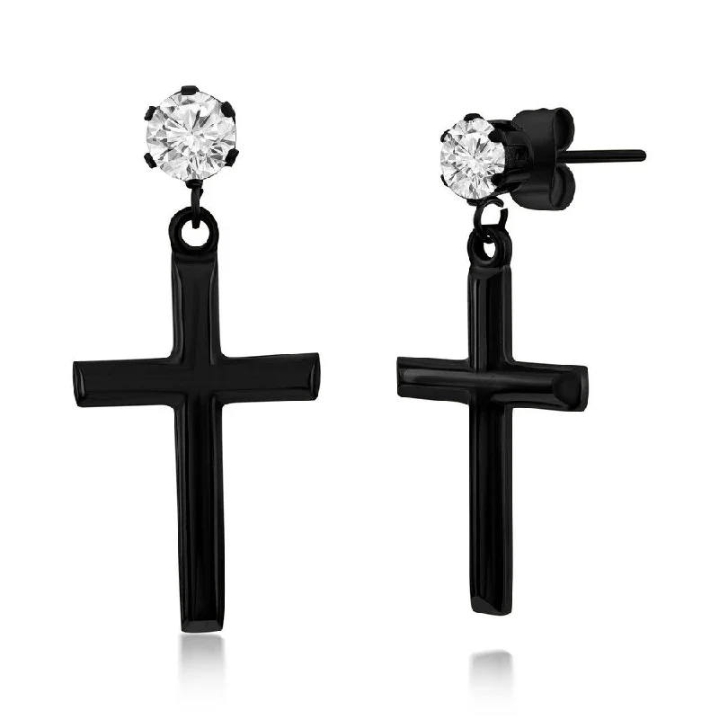 Hypoallergenic Drop Earrings for Sensitive -Stainless Steel Polished Cross & CZ Earrings - Black Plated