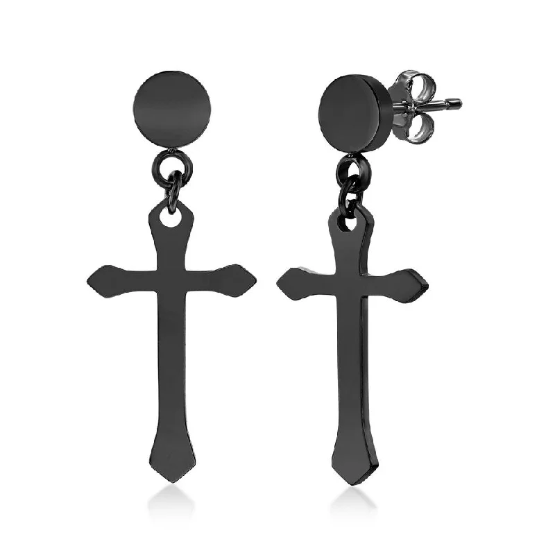 Screw Back Drop Earrings for Security -Stainless Steel Polished Cross Earrings - Black Plated