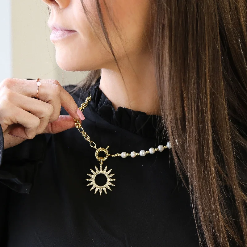 Layered necklaces and pendants for a trendy and fashionable stacked look-SUNNY | Pearl Necklace With 18K Gold Plated Beads And Freshwater Pearls With A Sun Charm