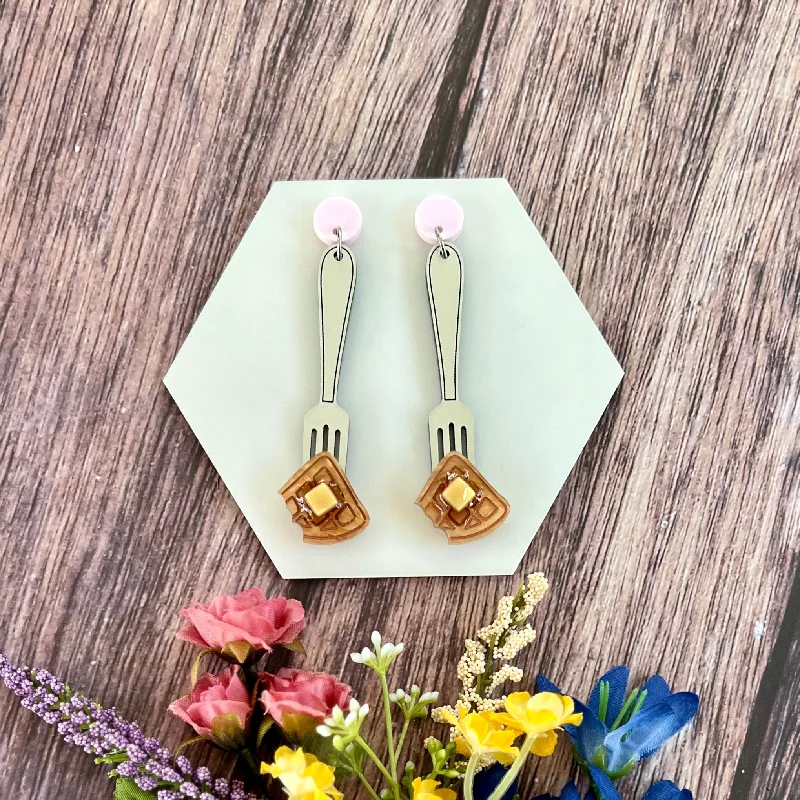 Floral Drop Earrings with Petals -Waffle Dangle Earrings